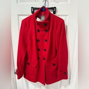 NWT Roz & Ali Women's Red Pea Coat with Black Buttons